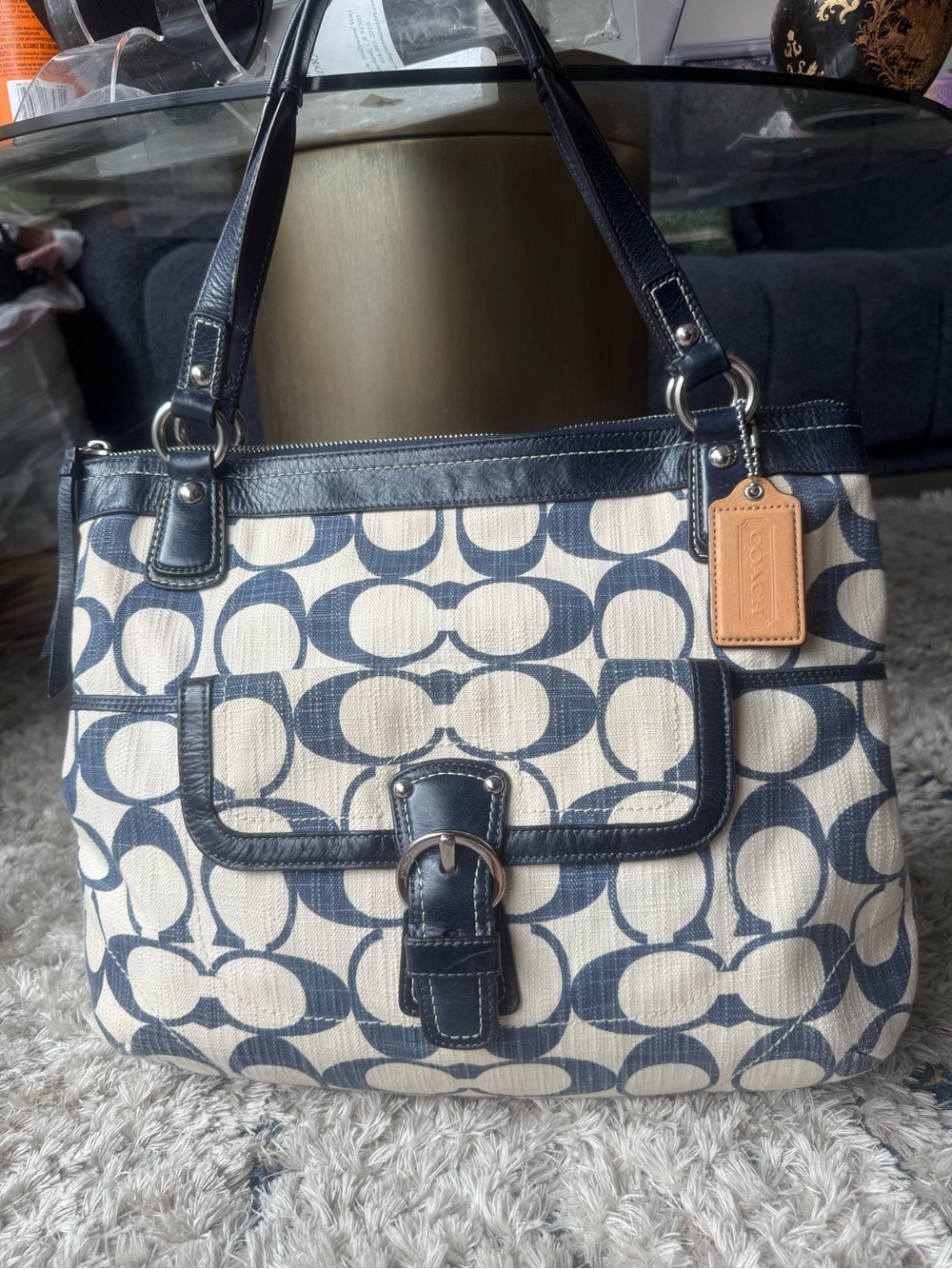 COACH 2011 NAVY BLUE LINEN POPPY TOTE